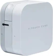 Hellgrauer Brother PT-P300BT P-touch Cube mit seitlichem Etikettenausgang.