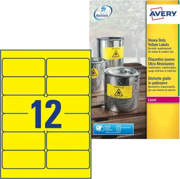 Avery Zweckform L6107-20 Verpackung und A4-Bogen mit gelben Folienetiketten.