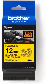 Verpackung des originalen Brother TZe-FX631 Flexi-Tapes, 12 mm, Schwarz auf Gelb.