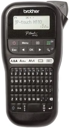 Schwarzes Brother PT-H110 Beschriftungsgerät mit Tastatur und Display.