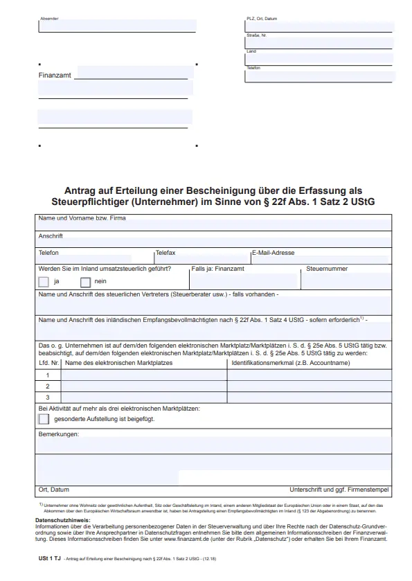 Formular für Bescheinigung nach §22f UstG