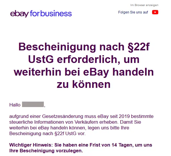 Bescheinigung nach §22f UstG bei eBay