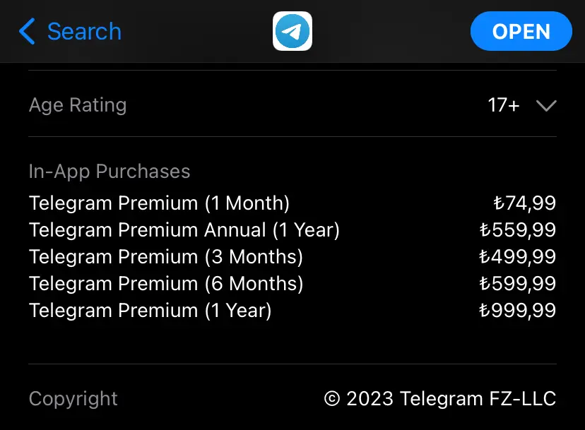 App-Store-Eintrag von Telegram mit In-App-Preisen in Türkischer Lira