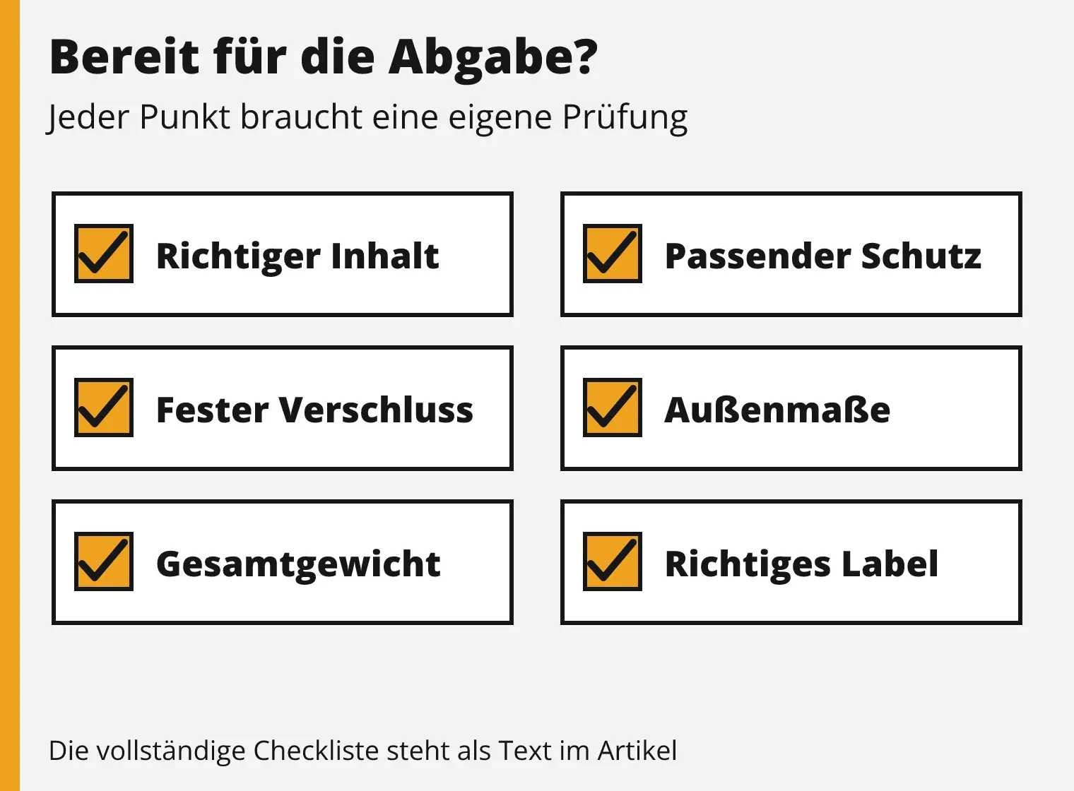 Abgabecheck mit sechs Prüffeldern: Inhalt, Schutz, Verschluss, Außenmaße, Gewicht und richtiges Versandlabel.