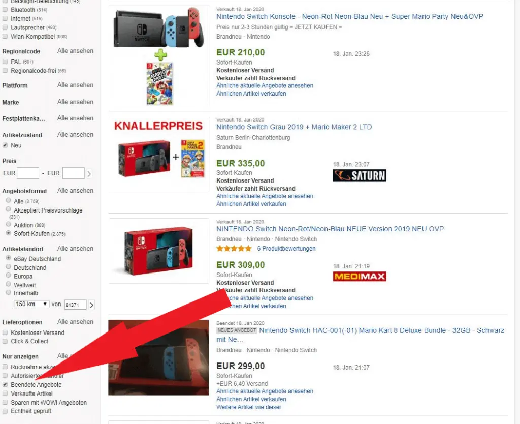 eBay-Suche mit aktiviertem Filter für beendete Angebote am Beispiel von Nintendo-Switch-Konsolen