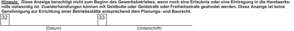 Formular GewA 1, Felder 32 und 33: Datum und Unterschrift