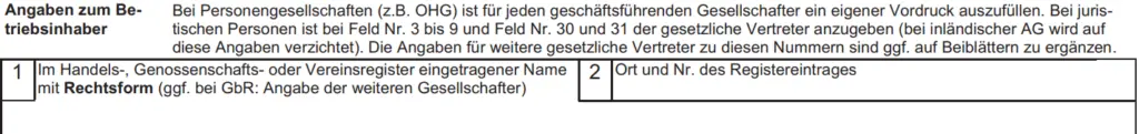 Formular GewA 1, Felder 1 und 2: Angaben zum Betriebsinhaber