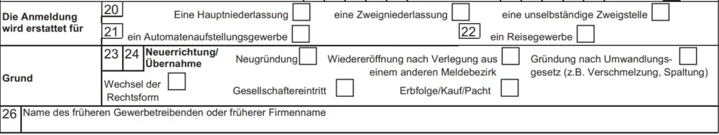 Formular GewA 1, Feld 20: Angaben zur Art der Niederlassung