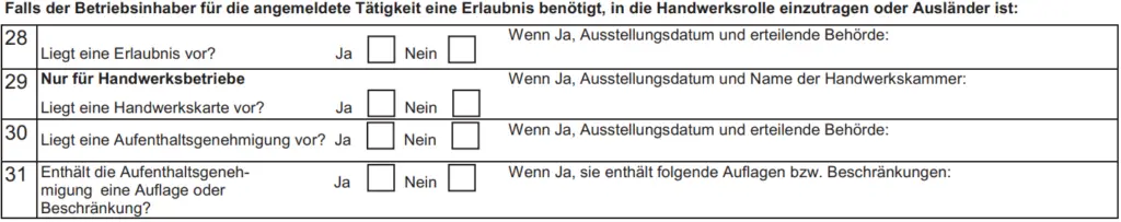 Formular GewA 1, Felder 28 und 29: besondere Angaben bei erlaubnispflichtigen Gewerben