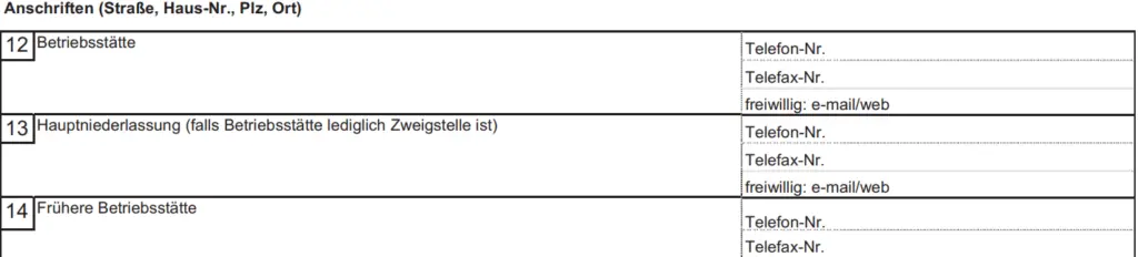Formular GewA 1, Felder 12 bis 14: Anschrift der Betriebsstätte