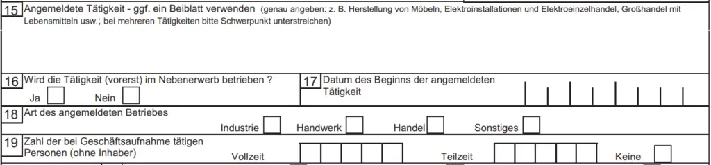 Formular GewA 1, Feld 15: Beschreibung der angemeldeten Tätigkeit