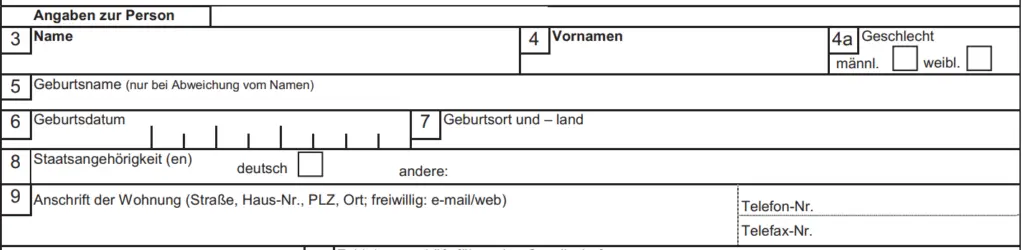 Formular GewA 1, Felder 3 bis 9: Angaben zur Person