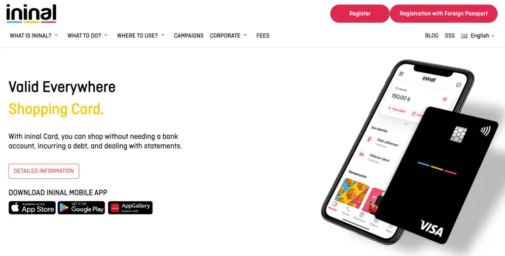 Startseite von ininal mit der türkischen Prepaid-Karte und der zugehörigen App