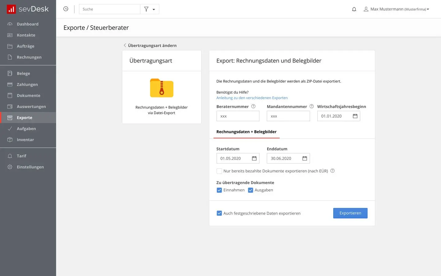 SevDesk Exportfunktion SevDesk Exportfunktion