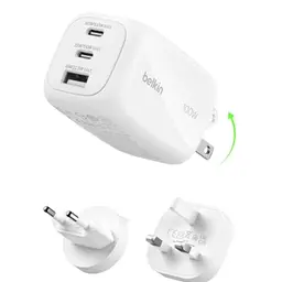 Belkin 3 Port USB C Ladegerät, 100 W, mit 2 USB-C und 1 USB-A Anschluss, inkl. Reisestecker für EU/UK/USA - Weiß