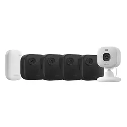 Blink-Kamera Outdoor 4 + Blink Mini 2K+ Weiß (neueste Generation) | Kabellose HD-Sicherheitskamera, Batterielaufzeit 2 Jahre | 4-Kamera-System mit Sync Module