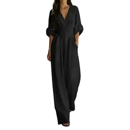 Damen Sommer Jumpsuit elegant, kurzarm, V-Ausschnitt, weites Bein, mit Taschen, leicht, ideal für Casual & Business