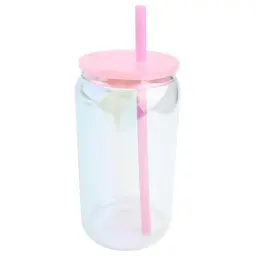 Falafoty Glasbecher mit Deckel und Strohhalm – Wiederverwendbares Trinkglas im Dosenformat für Saft, Limonade, Tee und Kaffee (Rosa)