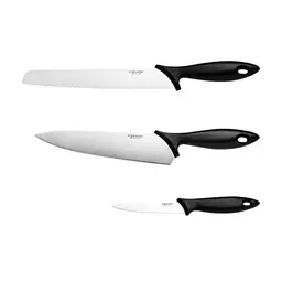 Fiskars 3-teiliges Messer-Set, Kochmesser, Brotmesser, Schälmesser, Edelstahl, Schwarz