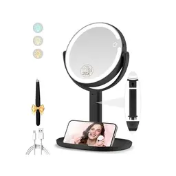 MOMOKUBA Kosmetikspiegel mit Beleuchtung, 7" Vergrößerung, 3 Farben, 64 LEDs, 360° drehbar, Schwarz