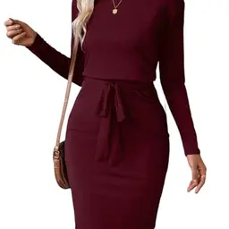 SweatyRocks Damen Strickkleid Elegant mit Gürtel und Taschen, Langarm, Rundhals, Bordeaux, Größe L