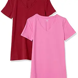 Amazon Essentials Damen Kurzarm T-Shirt, Pack of 2, Burgunderrot/Rosa, Größe S