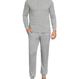 Leversic Herren Pyjamaset Langarm aus Baumwolle mit Farbblockdesign und Tasche, hellgrau, Größe M