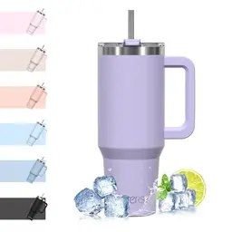 WATERSY 40oz Thermobecher to Go - Auslaufsicherer Edelstahl-Trinkbecher mit Griff und Strohhalm in Lila