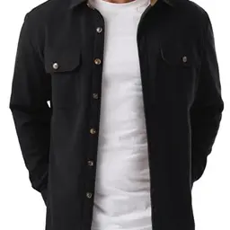 QIXING Herren Fleece Cordhemd Langarm Regular Fit Herbst Winter Jacke mit Klappentaschen (Schwarz, XL)