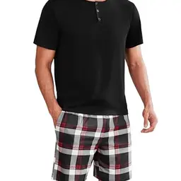 Unisex Schlafanzug Herren Kurz Sommer Zweiteiliger Pyjama Set Kurzarm und Kariert Shorts Schwarz L