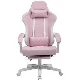 LUCKRACER Gaming Stuhl mit Fußstütze, ergonomisch, drehbar, 90-135° Rückenlehne, Weiß-Rosa