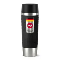 EMSA Travel Mug Grande Thermobecher 0,5L, Doppeltwandig, Vakuumisoliert, 6h warm/12h kalt, 360°-Trinken, Soft-Touch Silikon, Edelstahl, Schwarz