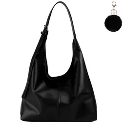 FEICHANGHAO Damen Umhängetasche Hobo Tasche Leder Retro 90's Fashion Schultertasche mit Plüsch-Schlüsselanhänger (Schwarz)