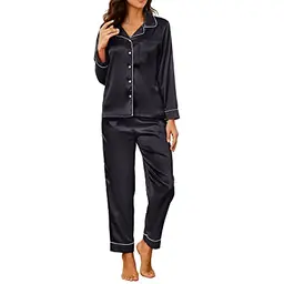 U2SKIIN Satin Pyjama Set Damen, langer Schlafanzug mit Knopfleiste in Schwarz (L)