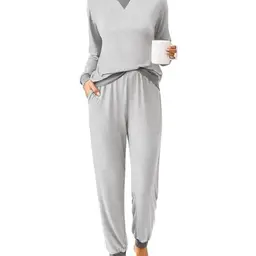 Ekouaer Damen Schlafanzug Set mit Langarm und Tasche, Winterpyjama, Hellgrau, Größe M