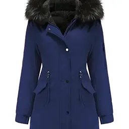 Vancavoo Damen Winterparka mit Kunstfellkragen, Kapuze und Tasche, Dunkelblau, Größe L