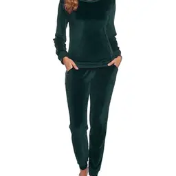 Wayleb Damen Pyjama Set Langarm Velor Schlafanzug Freizeitanzug mit Taschen, Grün, XXL