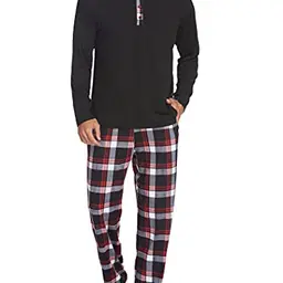 Ekouaer Herren Langschlafanzug mit Oberteil und Karierter Hose - Schwarz XXL