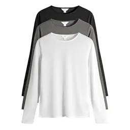 THE SET Damen Langarmshirts, 3er-Pack Schwarz/Grau/Weiß, Größe S