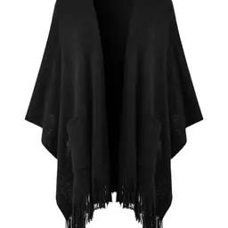 Ferand Damen Poncho mit offener Vorderseite und Taschen, weiches Strickcape mit Fransen für Herbst und Winter, Schwarz