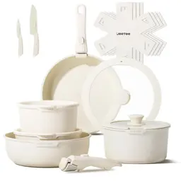 JEETEE 17-teiliges Topf- und Pfannenset mit abnehmbarem Griff, PFOS/PFOA-frei, beige