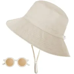 Shedoo Sonnenhut für Babys, UV Schutz UPF 50+, Breiter Krempe, Nackenschutz, Verstellbarer Kinnriemen, Strandhut für 6-24 Monate - Beige
