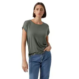 VERO Moda Damen Basic Rundhals T-Shirt, einfarbig, tief angesetzte Schultern, Farbe: Grün, Größe: XL