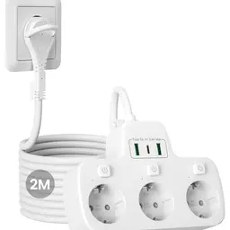 Flachstecker Steckdosenleiste 3-Fach Schaltbar mit 2M Kabel, Wandmontage, Weiß