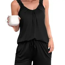 Uniexcosm Damen Schlafanzug Kurz Ärmellos V-Ausschnitt Pyjama Shorts Baumwolle Schwarz XL