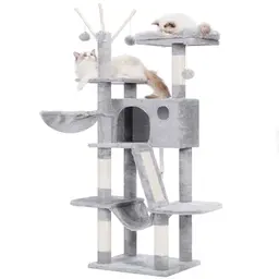 Hey-Brother Kratzbaum 135 cm mit Hängematte, Spielzeug und gepolsterter Plattform für Katzen, Hellgrau