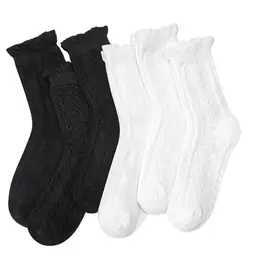 Kaisibum 6 Paar Trachtensocken für Damen, Rüschensocken in Weiß und Schwarz, Baumwoll Söckchen 34-38