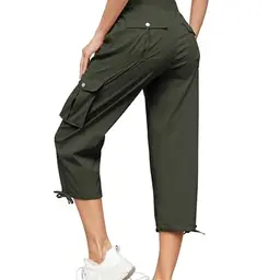 Damen 3/4 Sommer Cargohose Capri Jogginghose mit 6 Taschen (Armeegrün, L)