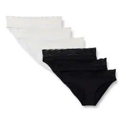 Amazon Essentials Damen Mikrofaser-Höschen mit Spitzenbesatz, 6er Pack, Schwarz/Weiß, Bikini, Boyshort, Tanga & Full Brief, Größe 46