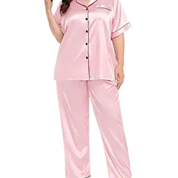 SWOMOG Satin Pyjama für Damen - Zweiteiliger Schlafanzug mit kurzen Oberteilen und langen Hosen